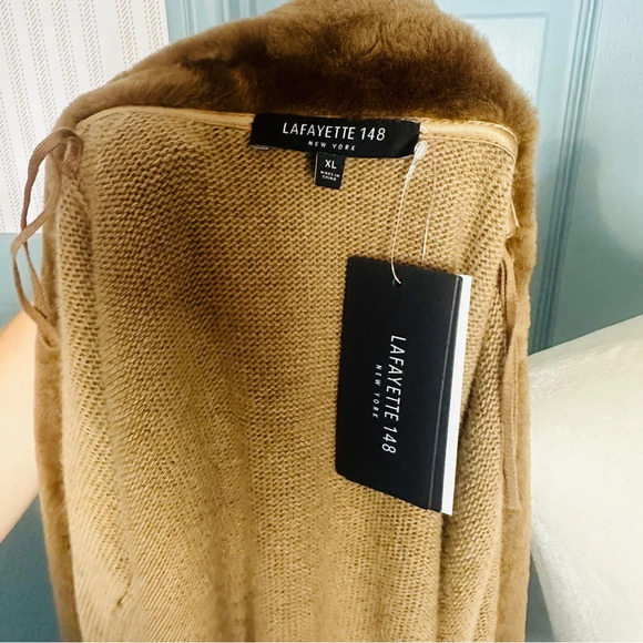 NEW Lafayette 148 NY Cammello Genuine Shearling Panel Wool and Cashmere Cardigan - Picture 12 of 13
